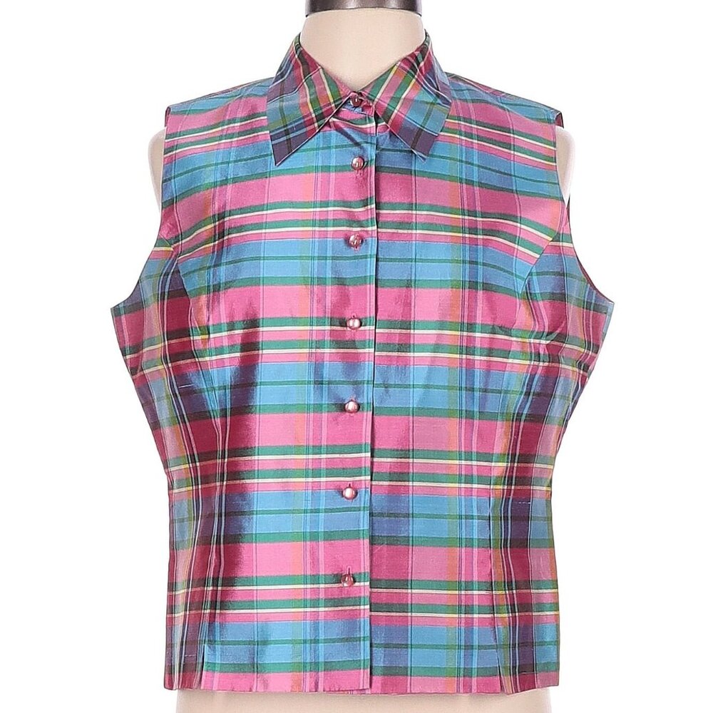 Designer Silk land Multi Color Blue Pink Striped 100% Silk Sleeveless Blouse 12 - Picture 2 of 9